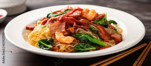 popular dish in Thailand called Egg Noodle with Shrimp Wonton, Roasted Pork or Barbecued Red Pork,