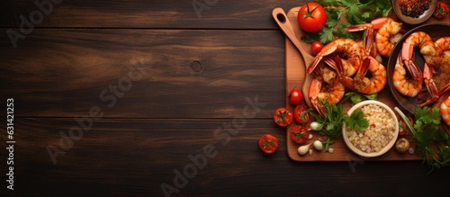 Top view of a rustic background with a copy space featuring a meal of spicy shrimp, prawns, and