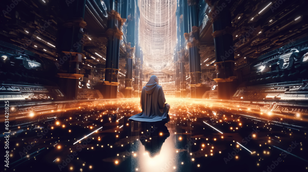 illustration cyber monk shaman oracle manipulates psychic energy	 - obrazy, fototapety, plakaty 