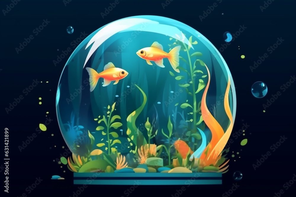Gold fish floating in a soap bubble. 3d illustration