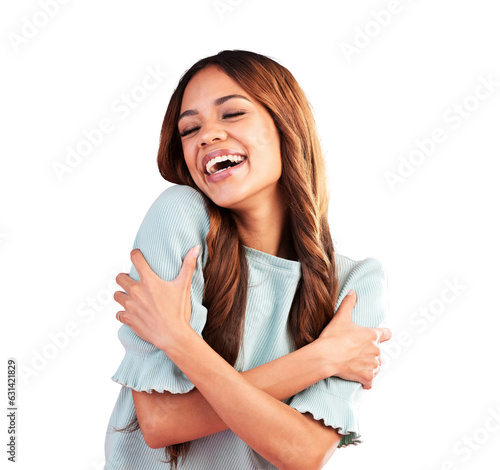 Fotografie Woman, inner peace and self love with a hug, happiness and positive girl isolated on transparent background