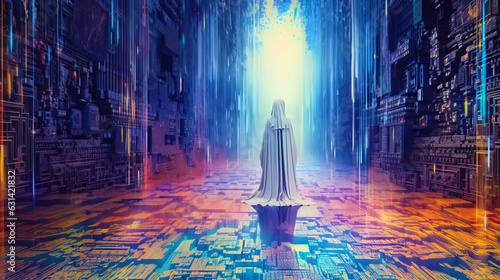 illustration cyber monk shaman oracle manipulates psychic energy	 photo