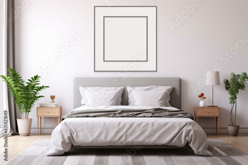 Empty square frame for print or poster mockup on white wall in modern neutral gray bedroom interior with wood floor, rug with geometric pattern, bedside tables, lamps, decor and plants
