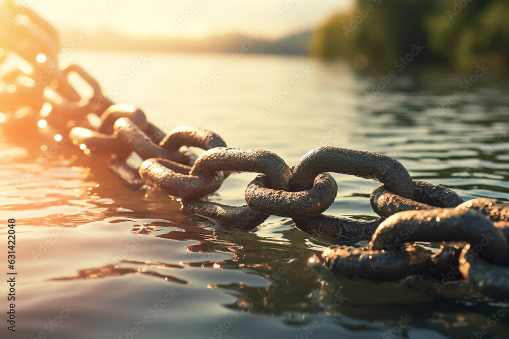 Old rusty chains on the wavy sea surface background with reflections ...