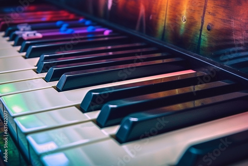 A colorful chain of lights lies on piano keys