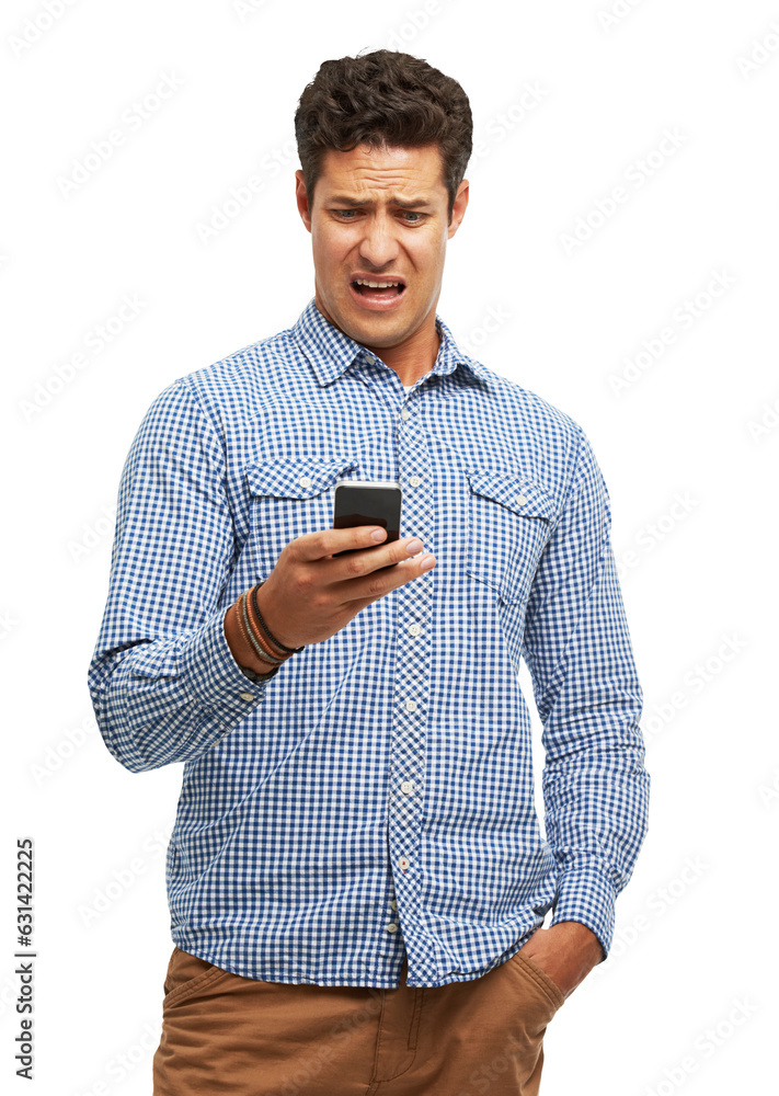 Social media, phone and man shocked by bad news, scam or online glitch isolated on transparent png background. Stress, frustrated or unhappy person worried by password fraud or reading phishing email Social media, phone and man shocked by bad news, scam or online glitch isolated on transparent png background. Stress, frustrated or unhappy person worried by password fraud or reading phishing email