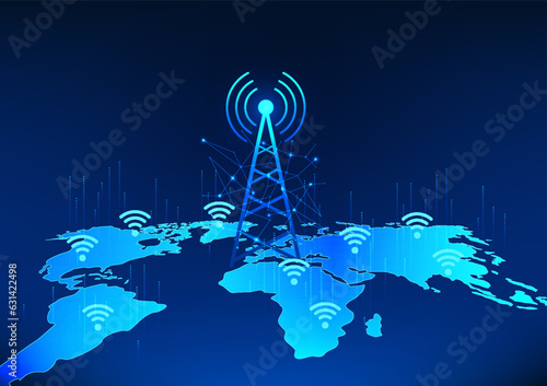 Transmission tower technology on world map with wifi icon Refers to the technology of signal transmission that covers the world for people to have access to communication or access to the Internet.