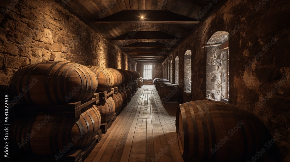 Whiskey Tasting Tours: Discovering the Best Distilleries, cellar with barells generative AI