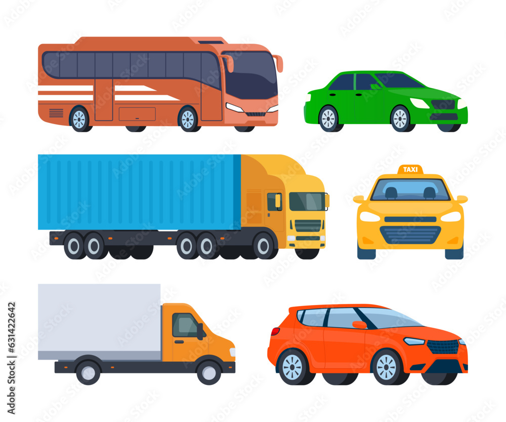 Vehicles, set. Car, bus, truck, suv, taxi. Vector illustration in flat style. Vehicles, set. Car, bus, truck, suv, taxi. Vector illustration in flat style.