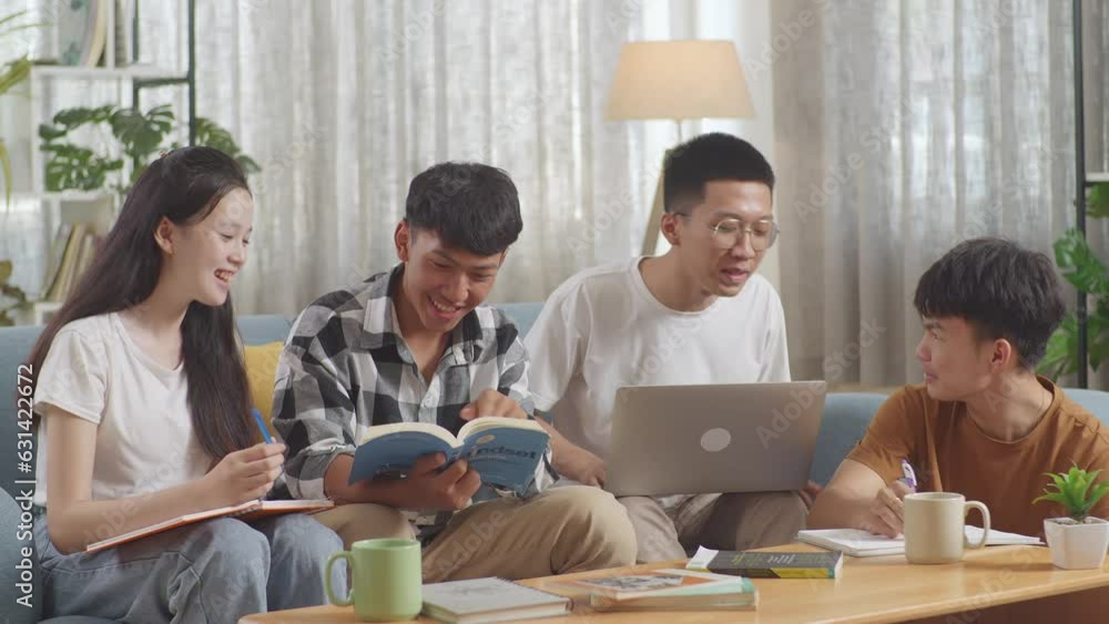 Asian Teen Group Studying At Home. A Boy Holding A Laptop Discussing With His Friends, Writing Into Notebook. A Boy In Plaid Shirt With A Book Teaching A Girl And Friends.
Asian Teen Group Studying At Home. A Boy Holding A Laptop Discussing With His Friends, Writing Into Notebook. A Boy In Plaid Shirt With A Book Teaching A Girl And Friends.