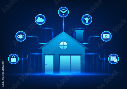 Smart home technology It is a home control system with a variety of technologies used in home automation control systems. by the image of the house with lines connected to the icon
