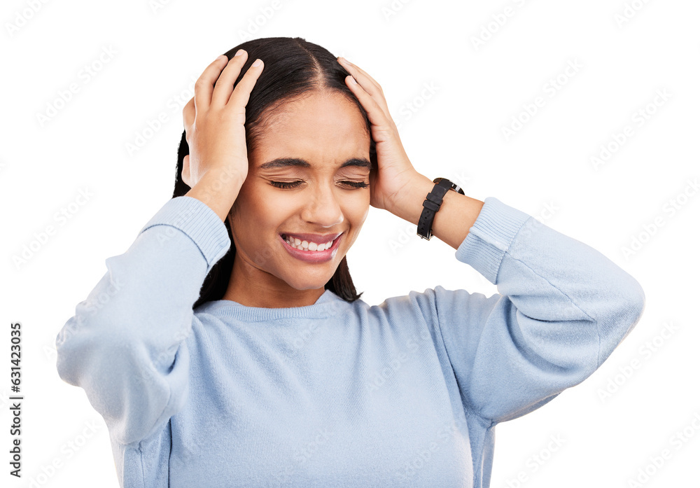 Headache, stress and woman with depression and frustrated from student burnout. Anxiety, young female person and mistake problem with migraine and pain isolated on a transparent, png background Headache, stress and woman with depression and frustrated from student burnout. Anxiety, young female person and mistake problem with migraine and pain isolated on a transparent, png background
