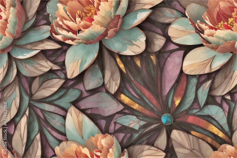 Peonies in stained glass style, 3d, seamless pattern Peonies in stained glass style, 3d, seamless pattern