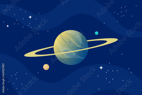 Planet globe with ring in outer space. Alien world with cosmic sphere and stars in cosmos. Astronomical celestial object in black night sky. Vector illustration.