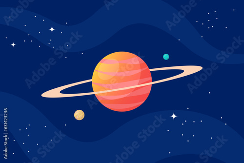 Planet globe with ring in outer space. Alien world with cosmic sphere and stars in cosmos. Astronomical celestial object in black night sky. Vector illustration.
