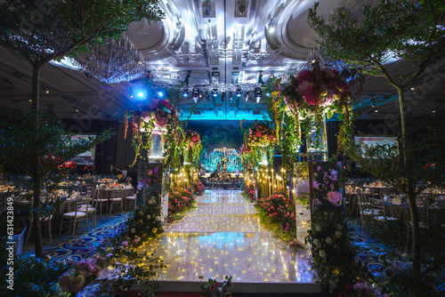 beautiful luxury wedding event colourful flower flora decoration concept and romantic lighting sculpture for outdoor garden rom solemnisation and hotel fine dining