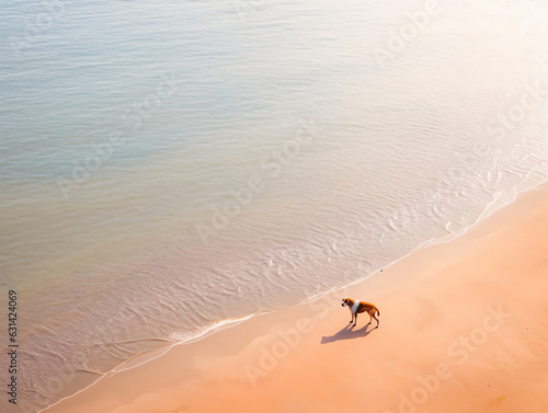 Aerial view of a dog walking by the sea