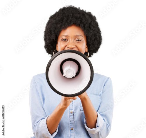 Megaphone, shout or black woman with protest, portrait and human rights isolated on transparent background. Scream, face or model with a bullhorn, announcement or democracy vote with png or justice