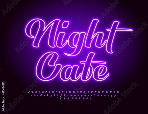 Vector electric Banner Night Cafe. Trendy Neon Font. Handwritten illuminated Alphabet Letters and Numbers