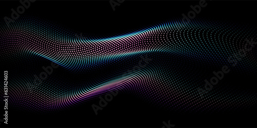 Flowing dot particles wave curve pattern blue and green gradient light isolated on black background. Vector in concept of AI technology, science, music.