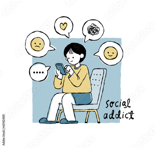 vector line drawn young woman addicting with smart phone, social media, social addict