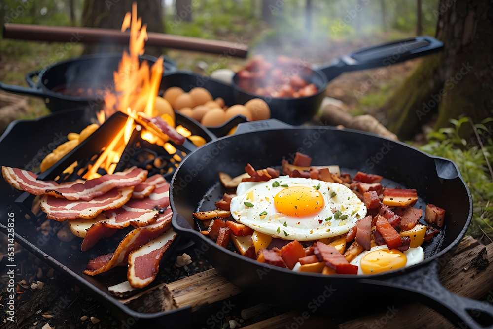 Food at the camp. Fried eggs with bacon in a pan in the forest. Camping breakfast with bacon and eggs in a cast iron skillet. Scrambled eggs with bacon on fire. Picnic Generate Ai Food at the camp. Fried eggs with bacon in a pan in the forest. Camping breakfast with bacon and eggs in a cast iron skillet. Scrambled eggs with bacon on fire. Picnic Generate Ai