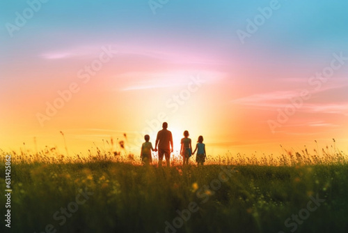 Family standing on meadow against clear sky during sunset © alisaaa
