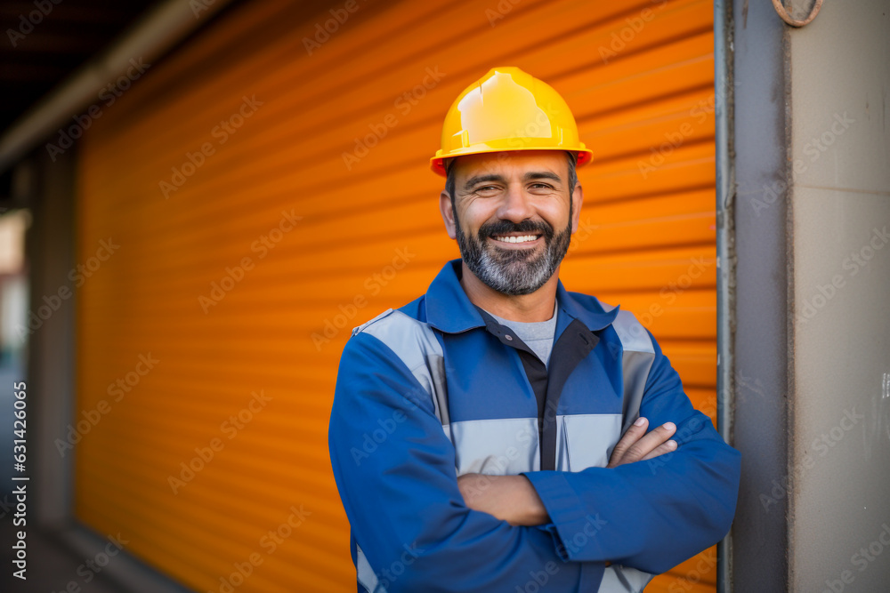 Male construction worker with beard and smile standing with crossed arms Male construction worker with beard and smile standing with crossed arms