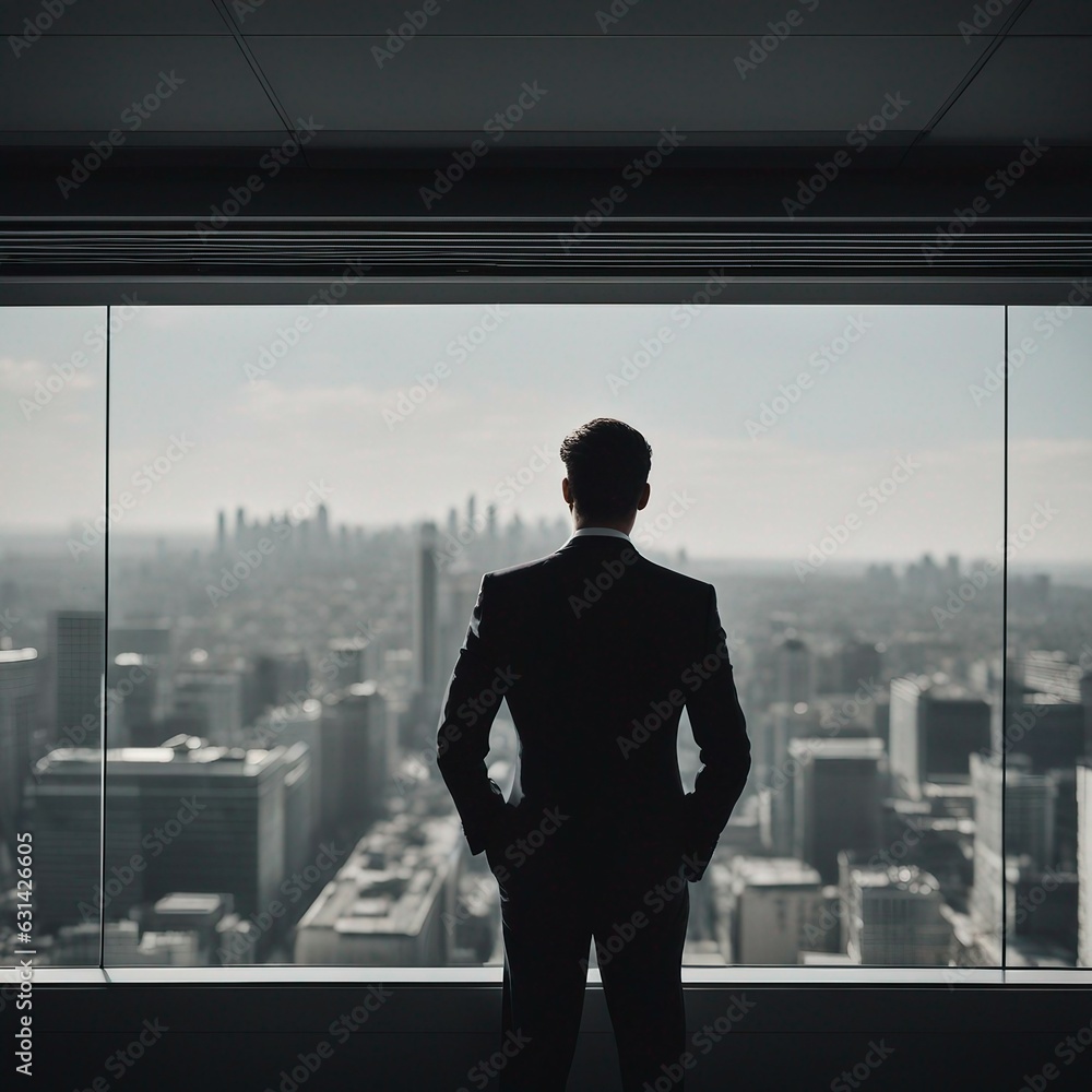 Man in suit, seen from behind, looking out over the city from a window.

