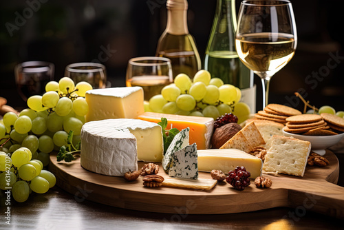 Close-up of a cheese board garnished with fresh grapes  crackers and the glass of white wine