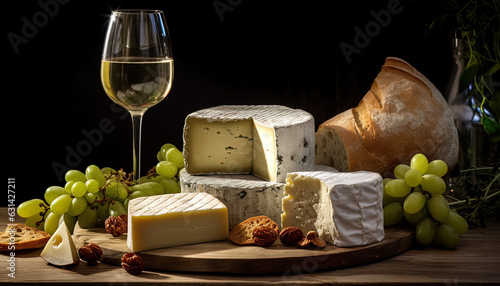 Close up of that capturing the creamy and smooth nature of the cheeses, with a glass of white wine