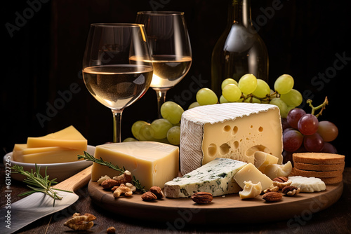 Close-up with new and interesting varieties of cheese, accompanied by a glass of white wine