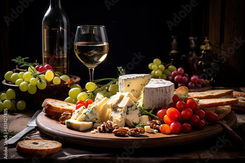 Close-up with the arrangement of slices of cheese accompanied by a glass of white wine