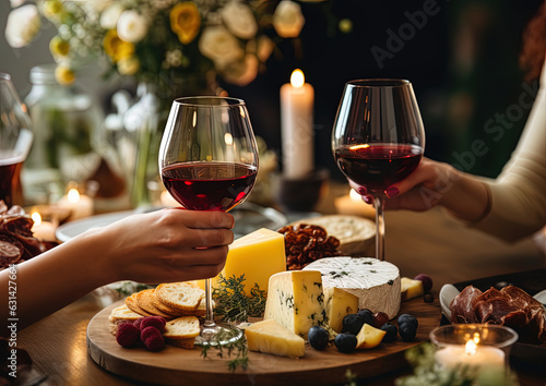 Hands holding the glass of wine  pieces of cheese on craft plate and a beautifully background