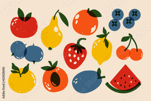Risograph fruits and berries. Cartoon natural elements screen riso printing effect, linocut garden plants. Vector set