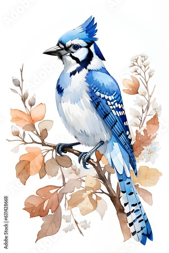 blue jay bird on a branch with leaves on white background. watercolor illustration for decoration greeting cards, invitations, prints, textile or wall art