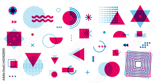Memphis elements risograph effect. Abstract geometric shapes, modern hipster retro circles triangles riso linocut print. Vector set