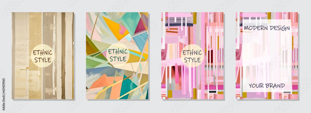 Naklejka premium Cover set, vertical templates. Collection of artistic watercolor backgrounds with ethnic tribal pattern in modernism style, space for text. The color of the East, Asia, India, Mexico, Aztec, Africa, P