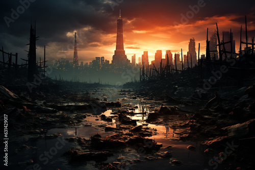 illustration of a ruined city at sunset after the apocalypse