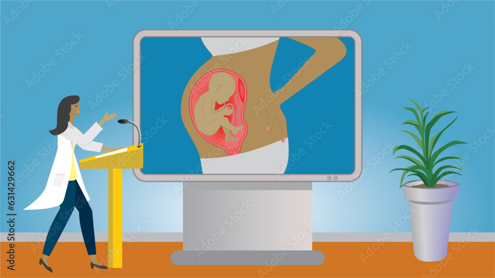 Woman in lecture about pregnancy. Standing in front of big screen with woman uterus with child in profile. Dimension 16:9. Vector illustration.