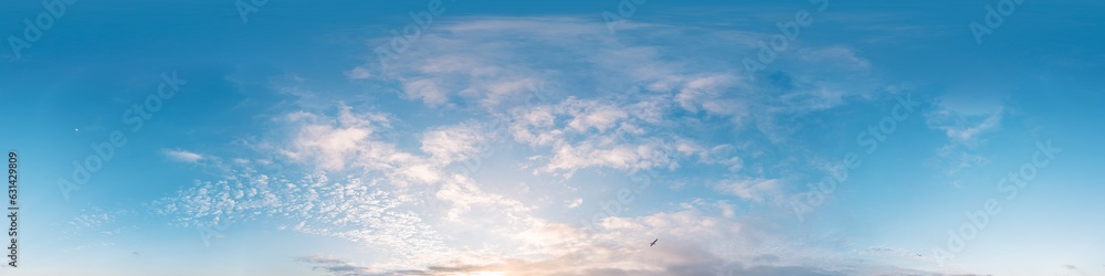 Sunset sky panorama with golden pink Cirrus clouds. Seamless hdr spherical 360 panorama. Sky dome in 3D visualization, sky replacement for aerial drone 360 panoramas. Weather and climate change Sunset sky panorama with golden pink Cirrus clouds. Seamless hdr spherical 360 panorama. Sky dome in 3D visualization, sky replacement for aerial drone 360 panoramas. Weather and climate change