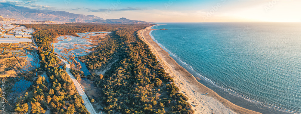 Fototapeta premium An enchanting aerial view unveils the famous sea of Patara Beach in Turkey, epitomizing the allure of the Lycian Way.