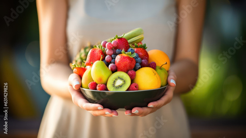 Fototapeta Naklejka Na Ścianę i Meble -  A woman holds a plate of fruits and berries in her hands