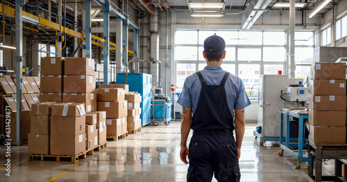 Photo of a factory workers checking quality of products in large industrial hall