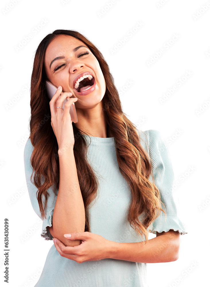 Phone call, funny and woman with communication, talking and model isolated on a transparent background. Smartphone, female person or girl with humor, joke or mobile with png, connection or network Phone call, funny and woman with communication, talking and model isolated on a transparent background. Smartphone, female person or girl with humor, joke or mobile with png, connection or network