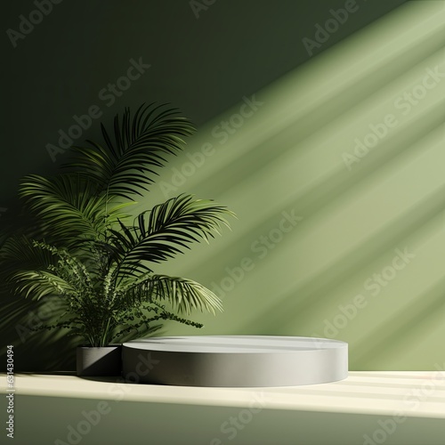 white round shape stage backdrop with tree leaf tropical nature decorating frame on green background advertisment template mock up design,ai generate