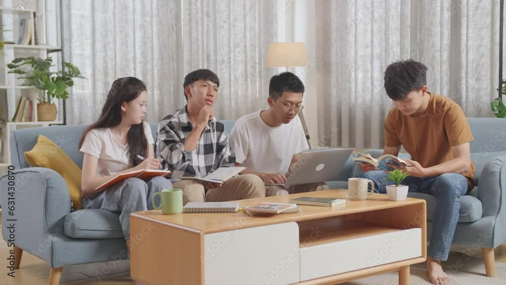 Asian Teen Group Studying At Home. Helping Each Other Doing Project, A Boy In Plaid Shirt Thinking, Raising Index Finger, Sharing Idea With Friends, Writing Into Notebook And Typing On A Laptop
Asian Teen Group Studying At Home. Helping Each Other Doing Project, A Boy In Plaid Shirt Thinking, Raising Index Finger, Sharing Idea With Friends, Writing Into Notebook And Typing On A Laptop