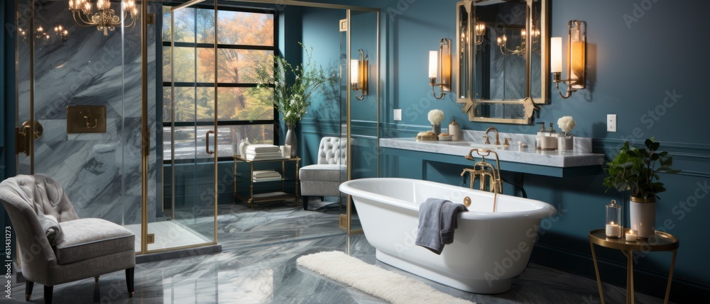 A luxurious bathroom with marble accents and sleek modern design. The room features a freestanding bathtub and a glass-enclosed shower. The walls are painted blue color, with metallic A luxurious bathroom with marble accents and sleek modern design. The room features a freestanding bathtub and a glass-enclosed shower. The walls are painted blue color, with metallic