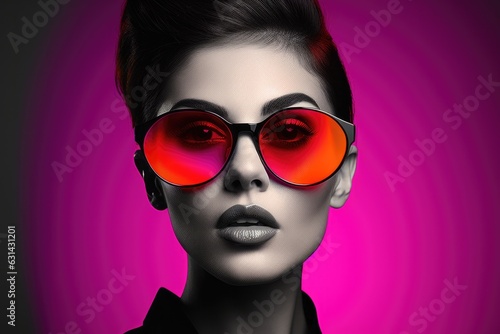 Portrait of a young Top model party girl in fashionable glasses, on a bright background in the studio, pop art and club life style, looks emotionally at the camera