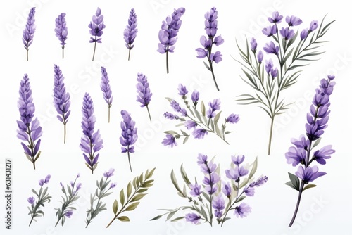 Lavender flowers set. Outlined Provence floral herbs with blooms. Vintage botanical drawing of French field Lavandula. Blossomed lavander. Hand-drawn vector illustrations isolated on white background photo